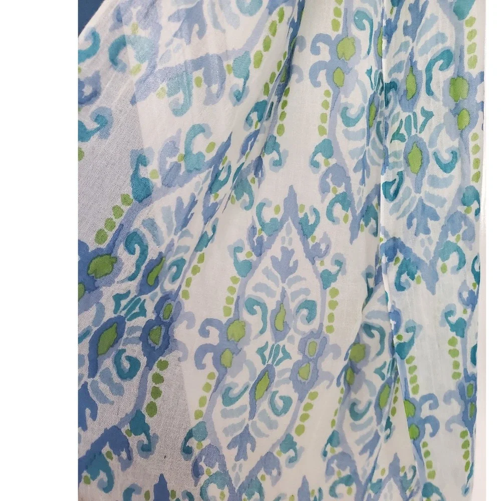 Lightweight Scarf Blue Green White Paisley Fringed Wool Modal Blend Boho Wrap OS